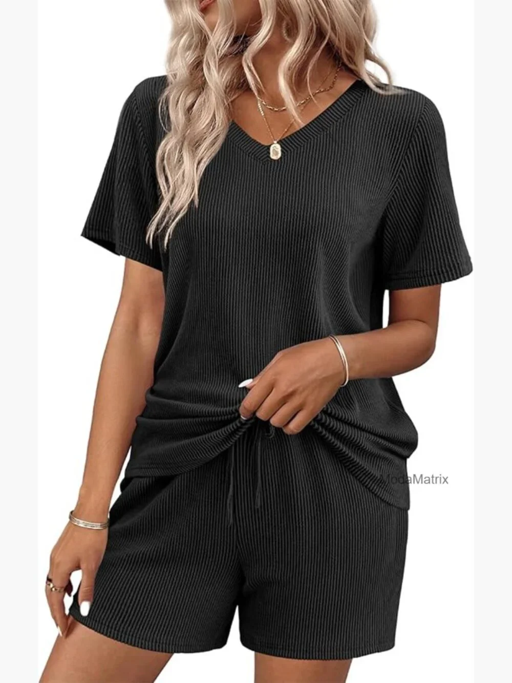 Short Sleeve V-Neck Pajama Set 2-Piece Knit Lounge Wear